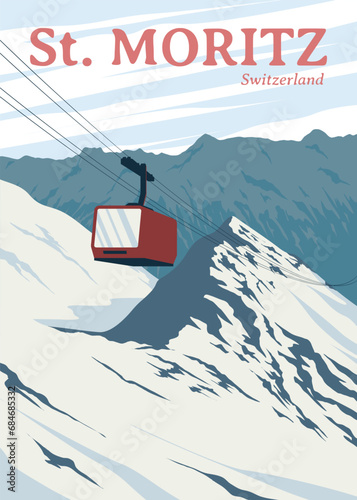 red ski cable car in st. moritz poster design, vintage poster switzerland national park vector design photo
