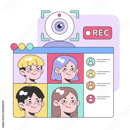 Vibrant digital meeting platform captures four cheerful participants; the camera records, ensuring every moment is saved. Engage in joyful online connections. Flat vector illustration.