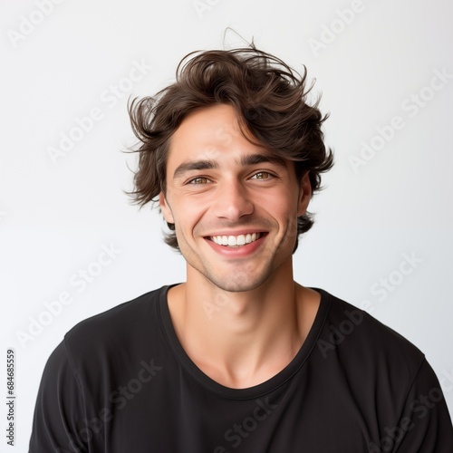 Smiling Europan middle-aged man in casual clothes over white background