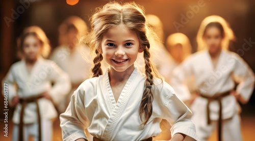 Group of girls about 7-12 years old or teens in white karate kimono in a gym