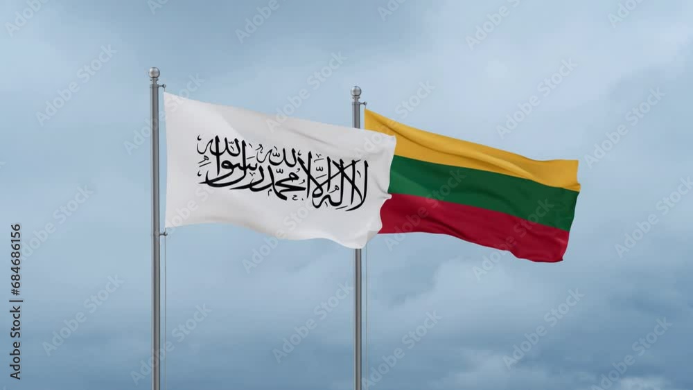 Lithuania flag and Afghanistan flag waving together on cloudy sky, endless seamless loop, two country relations concept Lithuania flag and Afghanistan flag waving together on cloudy sky, endless seamless loop, two country relations concept