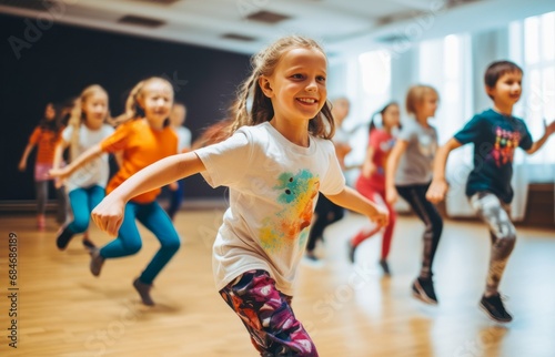Portrait of smiling children of 7-13 years old enjoying modern dancing in a dance studio photo