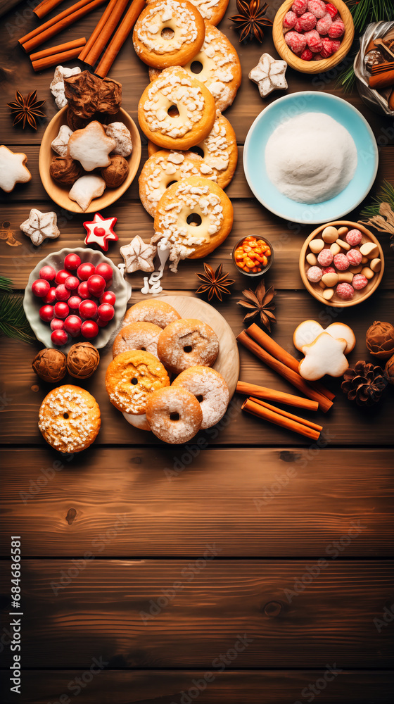 Christmas cookies and sweets on wooden background. Top view with copy space Christmas cookies and sweets on wooden background. Top view with copy space