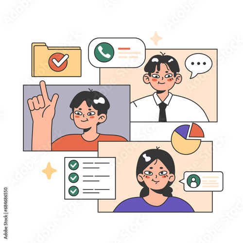 Training workshop. Interactive training process. Professional development. Increasing of business competences and skills. Flat vector illustration