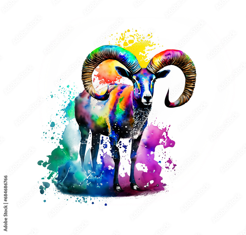 Obraz premium Gemse Widder Steinbock in regenbogen bunten Wasserfarben mit Spritzern Kleksen vor einem weißen Hintergrund als Vorlage für Design wildlebender Tiere aus Europa Amerika und Asien, Tierpark oder Zoo