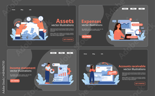 Accounting mastery set. Professionals manage assets, monitor expenses, decipher income statements, and oversee accounts receivable. Financial documentation at its finest. Flat vector illustration.