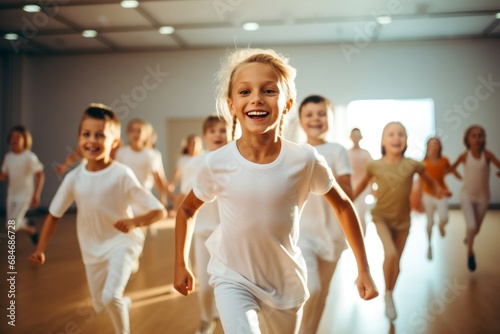 Portrait of smiling children of 7-13 years old enjoying modern dancing in a dance studio