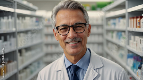 Portrait of a smiling mature pharmacist in glasses working in a pharmacy  against the background of blurred shelves with medicines. healthcare and medicine. space for text