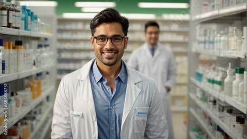 Portrait of a smiling male pharmacist standing working in a pharmacy, against the background of blurred shelves with medications. Background of healthcare and medicine. space for text photo