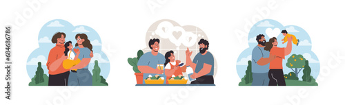 Modern Families Set. Two men embracing in love, a gay couple enjoying a meal with their child, and a step-father bonding with his kid. Flat vector.