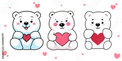 Valentine’s Day Special: Vector Set Collection of Cute Polar Bears with Hearts in Cartoon Style,  Transparent background, png, vector
