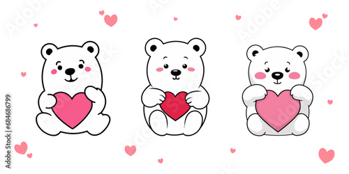 Flat Style Polar Bear Compositions: A Set Collection for Valentine’s Day with Hearts and Bears,  Transparent background, png, vector