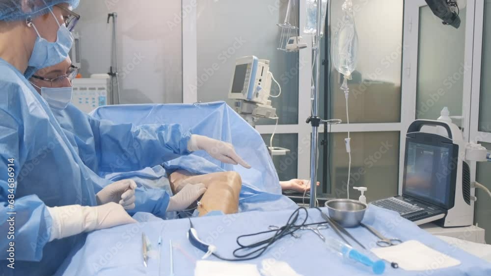 A team of surgeons during an operation to remove veins - phlebectomy. Surgical operation in the clinic A team of surgeons during an operation to remove veins - phlebectomy. Surgical operation in the clinic