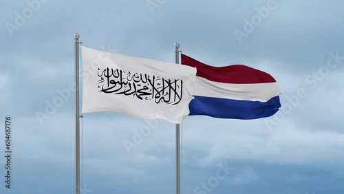 Netherlands flag and Afghanistan flag waving together on cloudy sky, endless seamless loop, two country relations concept photo