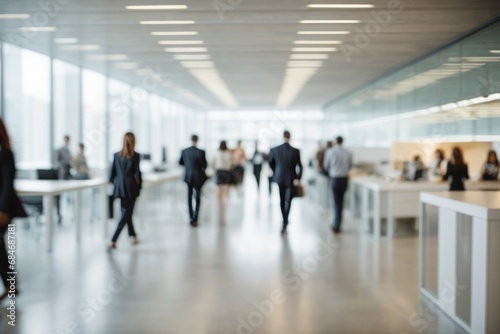 Blurred background of a modern office with working businessmen. Banner background for copy space.