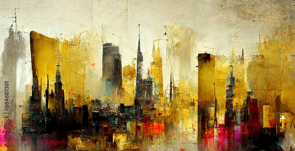 Generative AI, Colorful and golden watercolor abstract cityscape painted background. Ink street graffiti art on a textured paper vintage background, washes and brush strokes	