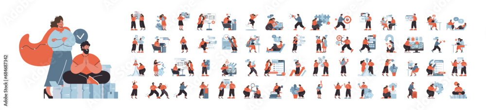 Workplace dynamics set. A diverse series of scenarios showcasing professionals navigating corporate life, from strategic planning to tech interaction. Inclusive, modern workplace themes. Flat vector. Workplace dynamics set. A diverse series of scenarios showcasing professionals navigating corporate life, from strategic planning to tech interaction. Inclusive, modern workplace themes. Flat vector.