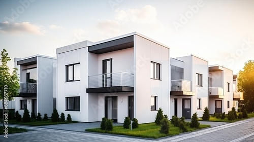 Appearance of residential architecture. Modern modular private townhouses. Residential minimalist architecture exterior. Modern neighborhood, early morning shot. © Stavros