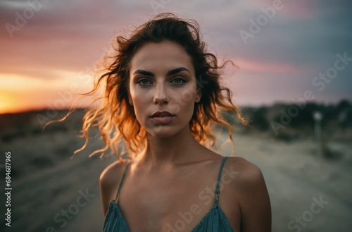 Pensive woman against a sunset backdrop. 