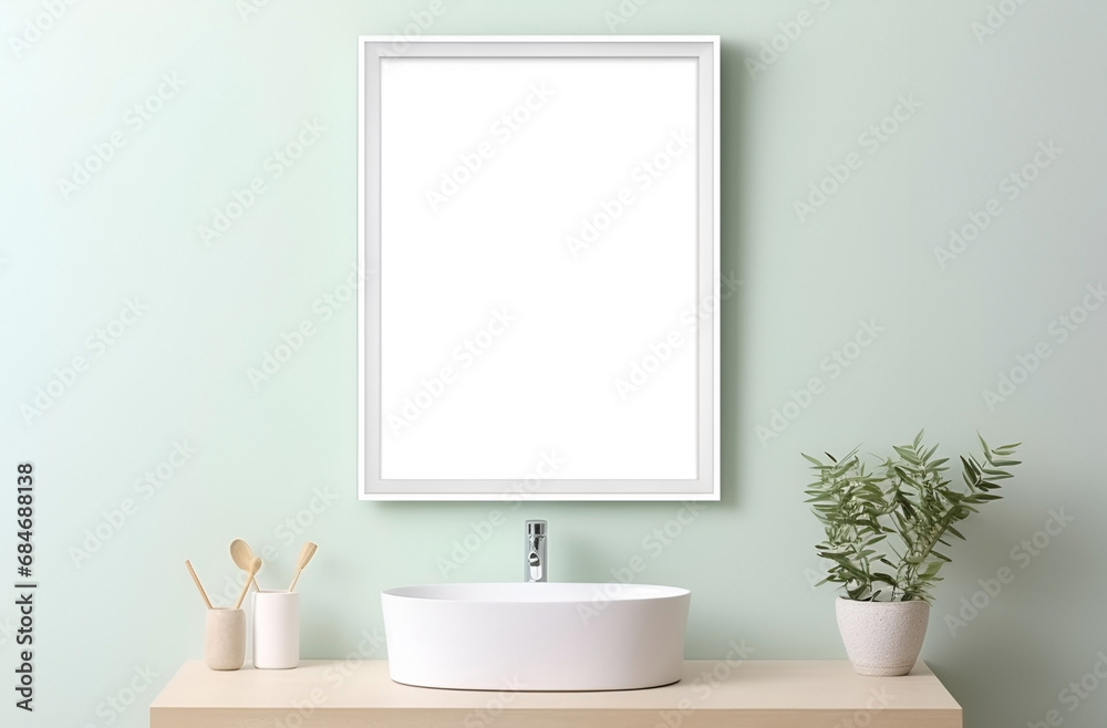 Fototapeta premium Mock up of minimalist bathroom interior in scandinavian style. White wash basin, flower in pot. Empty frame on wall, copy space for text. 3D render. Generative AI
