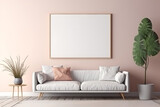 Mock up of minimalist living room interior in modern style. Beige, grey and pastel colors. Empty square frame on wall, copy space for text. 3D render. Generative AI