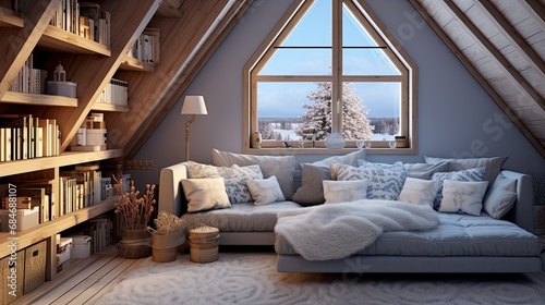 Interior in a modern country house. Arrangement and cozy atmosphere in the attic of a country house. Sofa, armchair and shelves with books for privacy away from the bustle of the city.