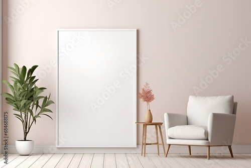 Mock up of minimalist living room interior in modern style. Empty square frame on wall and cozy soft chair, large pots of flowers, copy space for text. 3D render. Generative AI