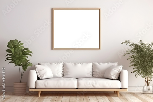 Mock up of minimalist living room interior in modern style. Beige, grey and pastel colors. Empty square frame on wall, copy space for text. 3D render. Generative AI