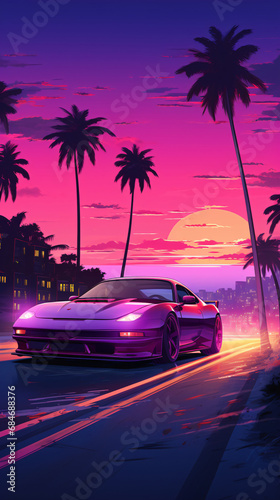 A vibrant, neon-lit scene depicting a sleek, futuristic sports car speeding along Miami's palm-lined coast at dusk © Christian