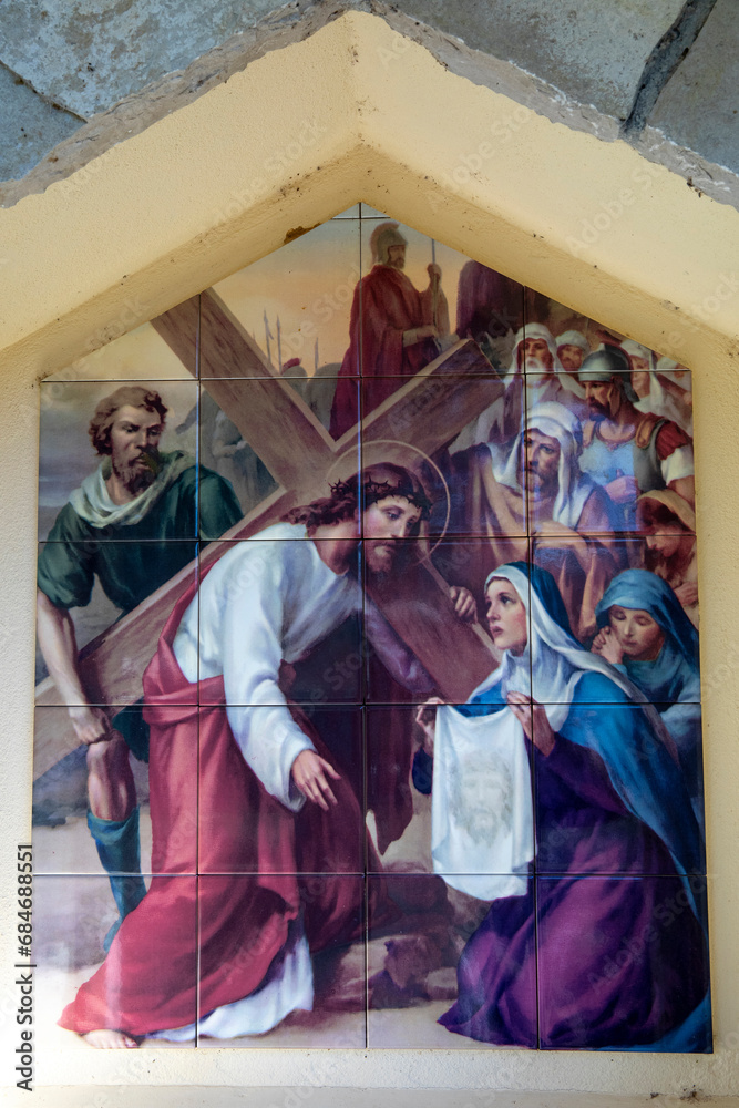 Stations of the Cross in Medjugorge sanctuary, Bosnia & Herzegovina. Station 6, Veronica wipes the face of Jesus.