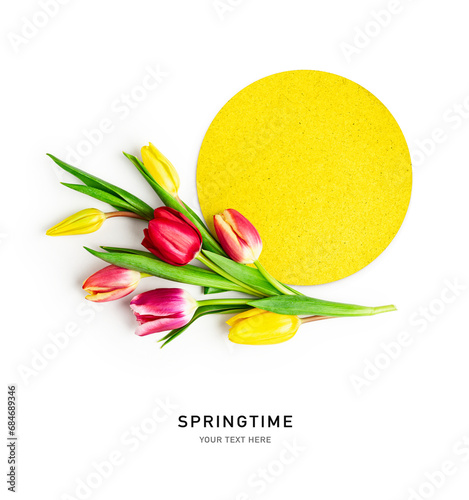Spring tulip flowers and yellow empty card isolated on white background. #684689346
