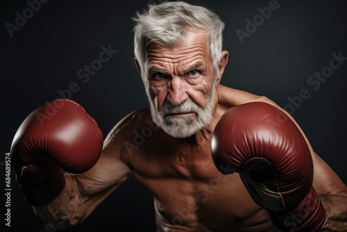 Elderly strong fitness man wearing red boxing gloves © Ryan