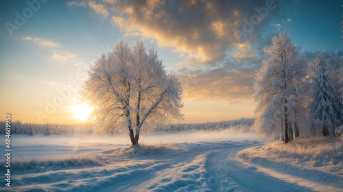 sunrise in the winter forest