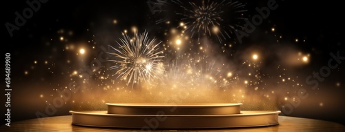 Golden podium with fireworks in the night, presentation anniversary banner