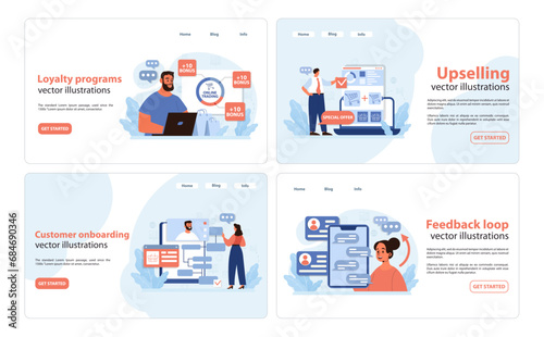 Business strategies set. Professionals exploring loyalty programs, initiating upselling tactics, streamlining customer onboarding, managing feedback loops. Effective client engagement. Flat vector.