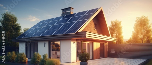 Generic smart home with solar panels rooftop system for renewable energy concepts photo