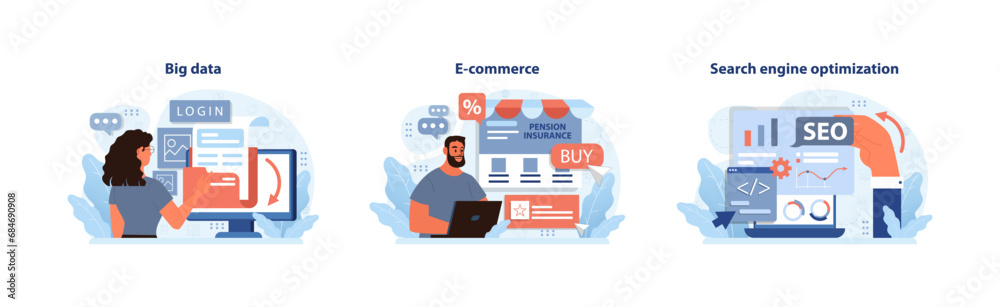 Digital Business essentials. Harnessing big data, streamlining e-commerce, and mastering SEO. Key elements for a robust online presence. Flat vector illustration.