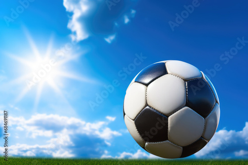 Soccer ball on green grass with sunlight, football on green grass with backlight. Generative AI © mgogo