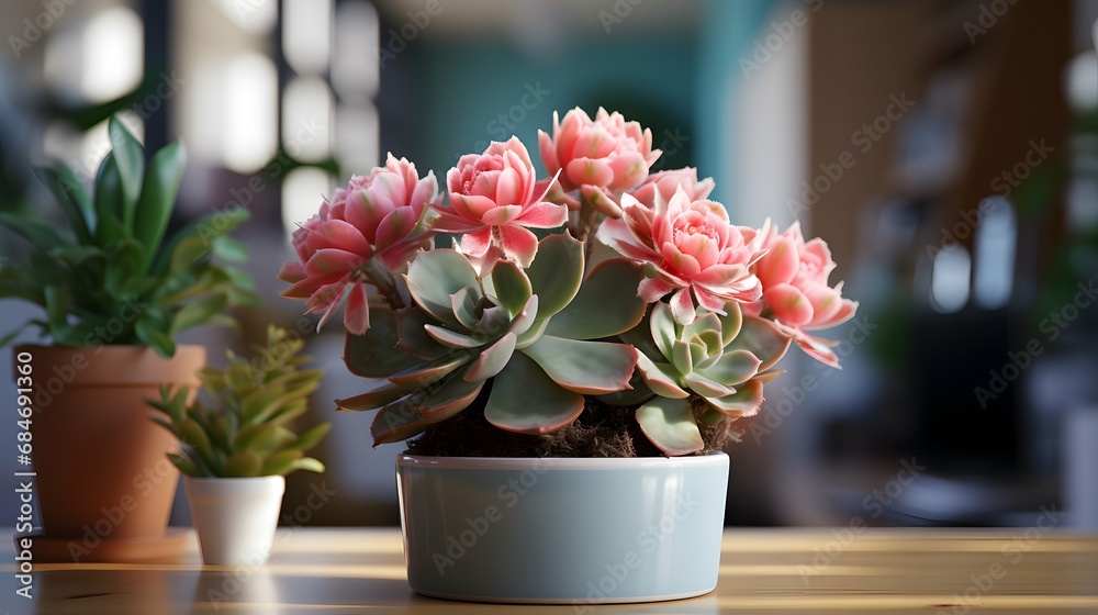 Flower pot on a office desk, succulent cactus vase, Generative AI Flower pot on a office desk, succulent cactus vase, Generative AI