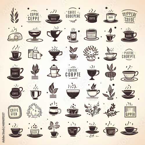 Large vector set of drawn logos and coffee elements 