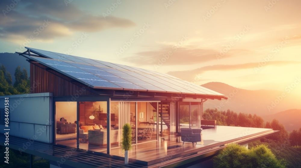 Generic smart home with solar panels rooftop system for renewable energy concepts Generic smart home with solar panels rooftop system for renewable energy concepts
