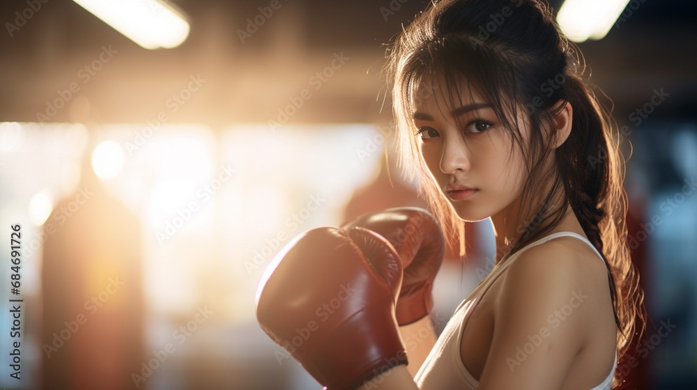 kobieta, trenuje boks w rękawicach na sali treningowej - obrazy, fototapety, plakaty 