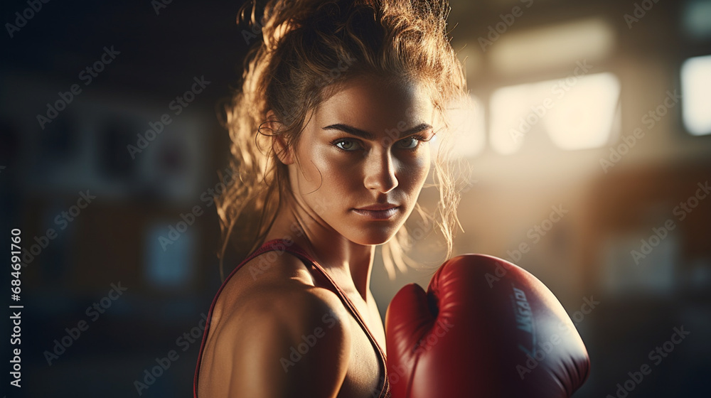 kobieta, trenuje boks w rękawicach na sali treningowej - obrazy, fototapety, plakaty 