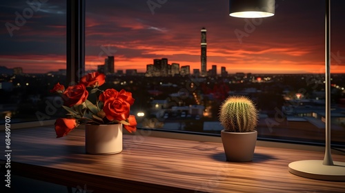 Flower pot on a office desk, succulent cactus vase, Generative AI