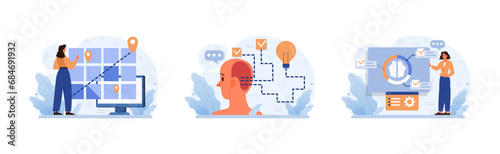 Divergent Thinking set. Digital world exploration. Woman navigates virtual space. Mind pathways, idea generation. Creativity meets technology. Cognitive process enhancement. Flat vector illustration