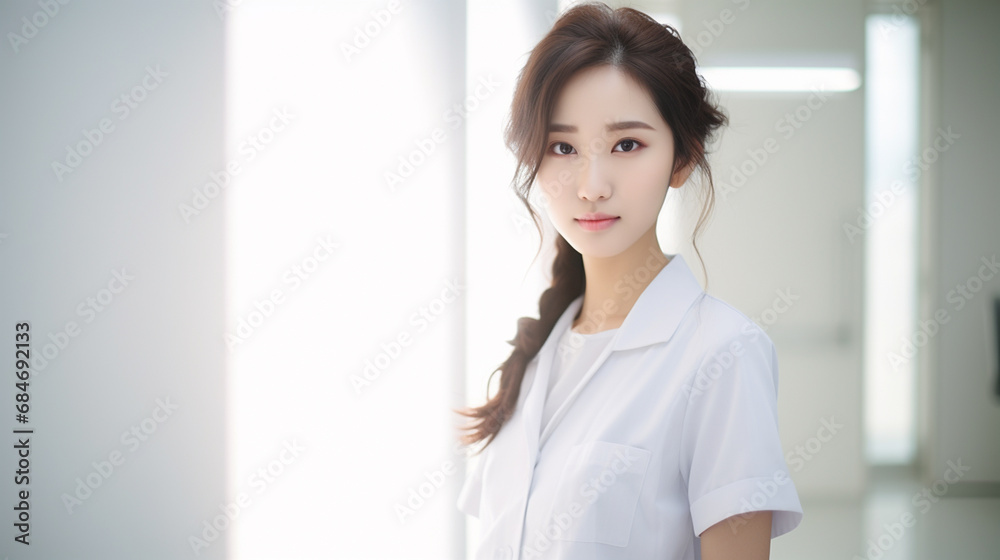 Lekarz, kobiet azjatka w białym fartuchu na tle białego sterylnego medycznego pomieszczenia - obrazy, fototapety, plakaty 