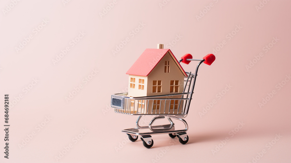 mały model domu w koszyku zakupowym na jednolitym studyjnym tle, zakup nieruchomości - obrazy, fototapety, plakaty 