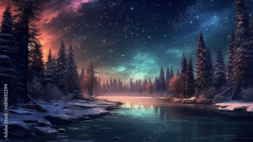 Magie der Nacht in winterlicher Kälte. generative KI