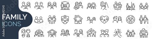 Set of outline icons related to family. Linear icon collection. Editable stroke. Vector illustration