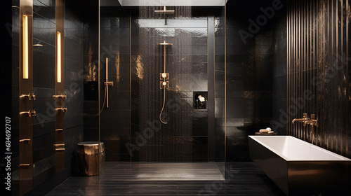 Luksusowa nowoczesna łazienka w złotym i czarnym kolorze. Kabina prysznicowa